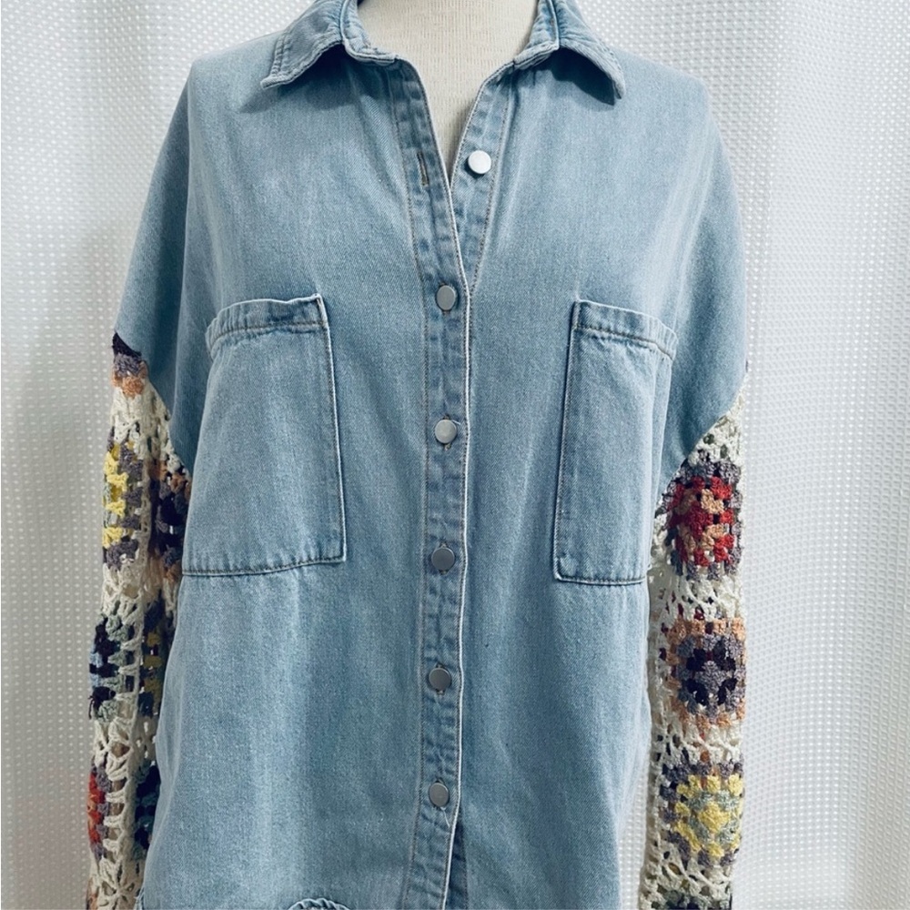 POL Granny Square Sleeves Denim Jacket or Shirt S OVERSIZED FITS Like L or XL